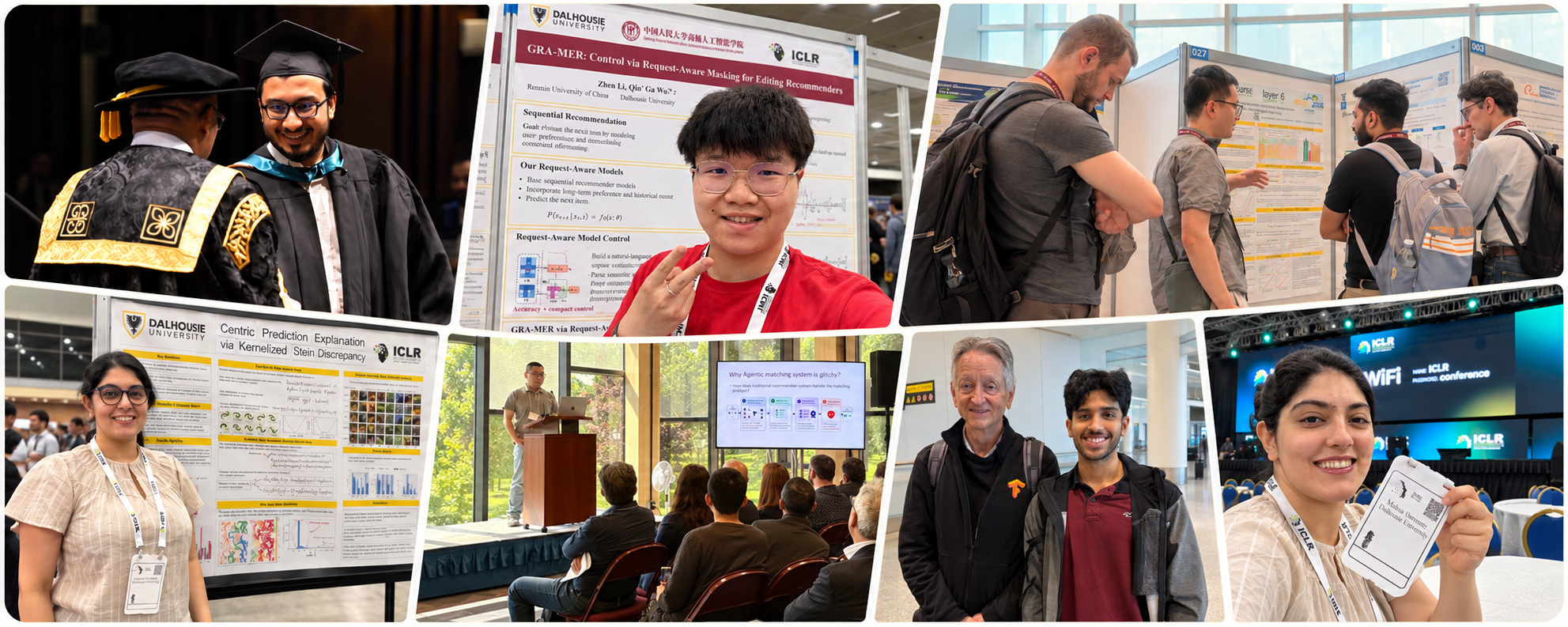 DAMLR students celebrating graduation, presenting research, discussing posters, connecting with researchers, and attending ICLR