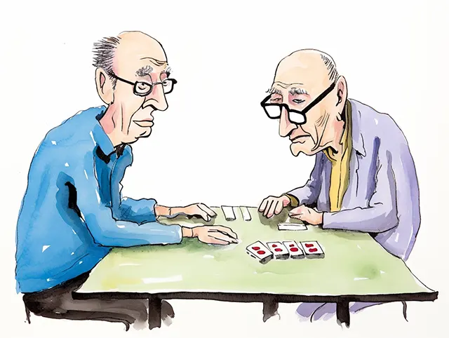 Two men playing dominoes
