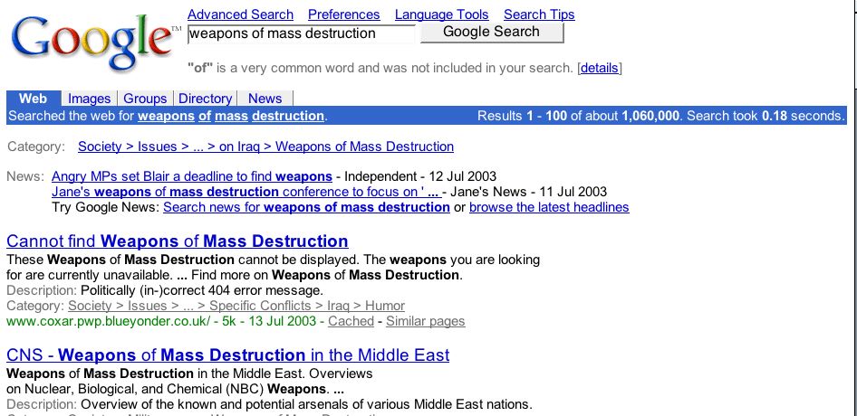 Google search results for `weapons of mass destruction'