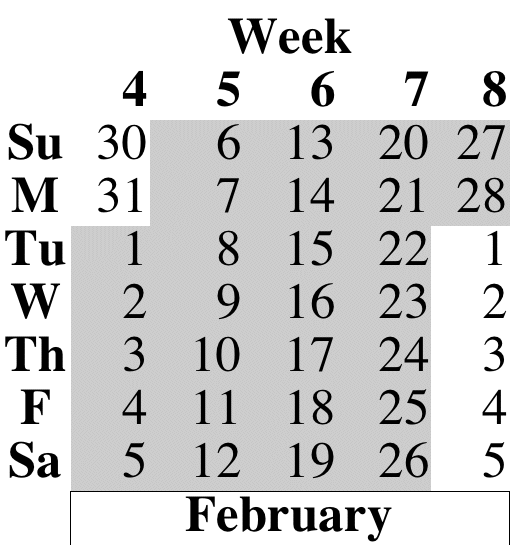 February section of syllabus calendar