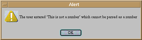 image: popup alert box with the text `The user entered ``This is not a number'' which cannot be parsed as a number', and an OK button