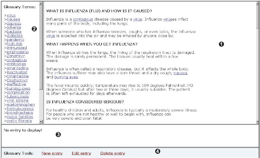 screenshot of four part glossary interface